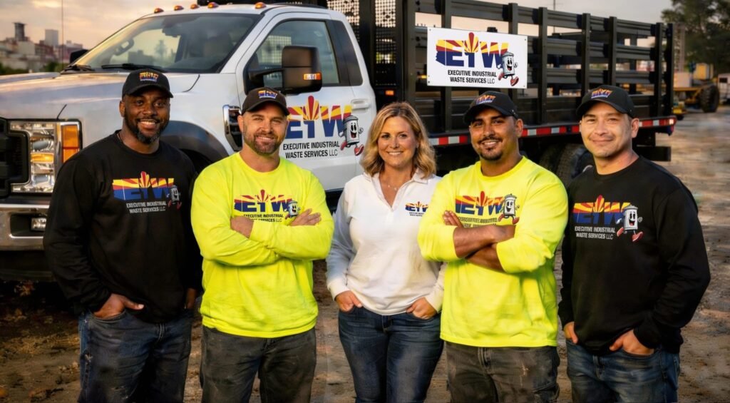 The EIW team beside a truck displaying the company logo